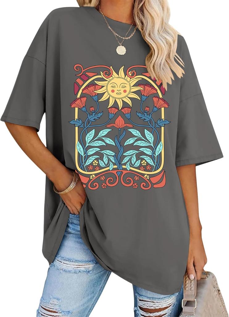 LOMON Oversized Graphic T Shirts for Women Short Sleeve Crewneck Summer Tops Loose Casual Basic Tees