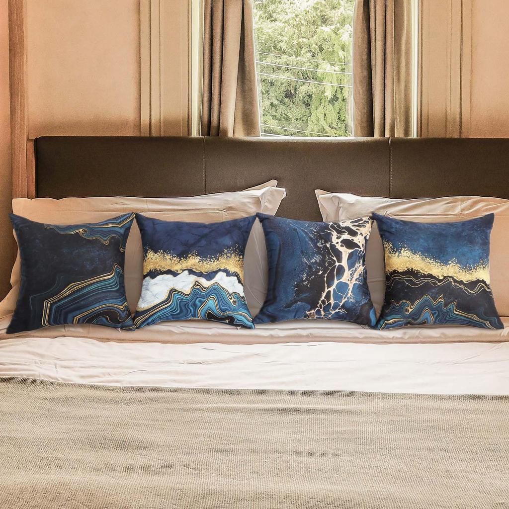 4 Pièces Housse de Coussin Marbre Bleu Marine Doré Double Face, Housse de Coussin Décorative Abstrait Encre de Luxe (Sans inserts)