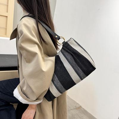 Large-capacity Shoulder Bag, New Simple Vertical Striped Casual Tote Bag, Fashionable Contrasting Color Handbag