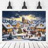 2D Cozy Winter Christmas Backdrop, Snow-Covered Village with Lights & Holiday Activities