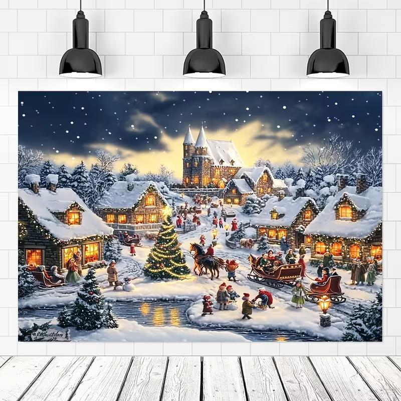 2D Cozy Winter Christmas Backdrop, Snow-Covered Village with Lights & Holiday Activities
