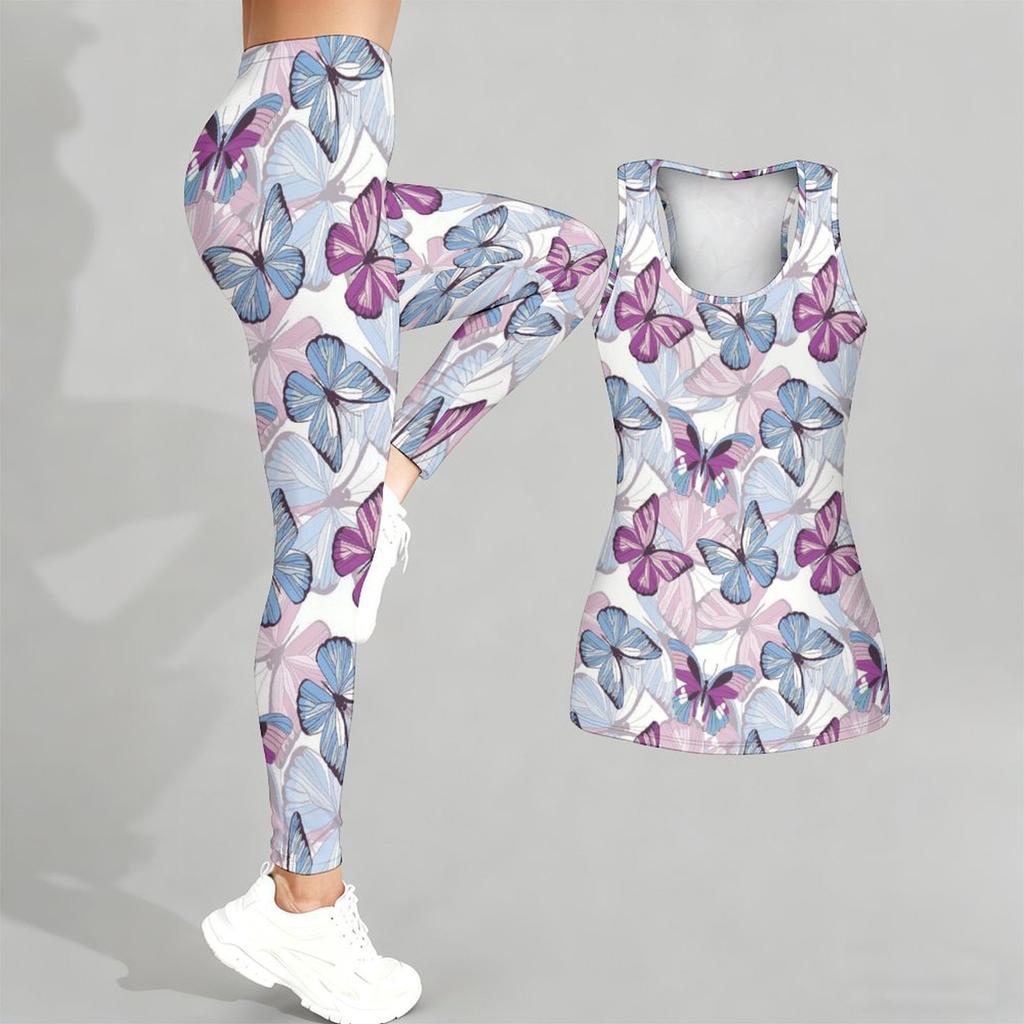Butterfly Print Yoga Outfit for Women Fashion Workout Leggings Fitness Sports Casual Yoga Set Sports Suit