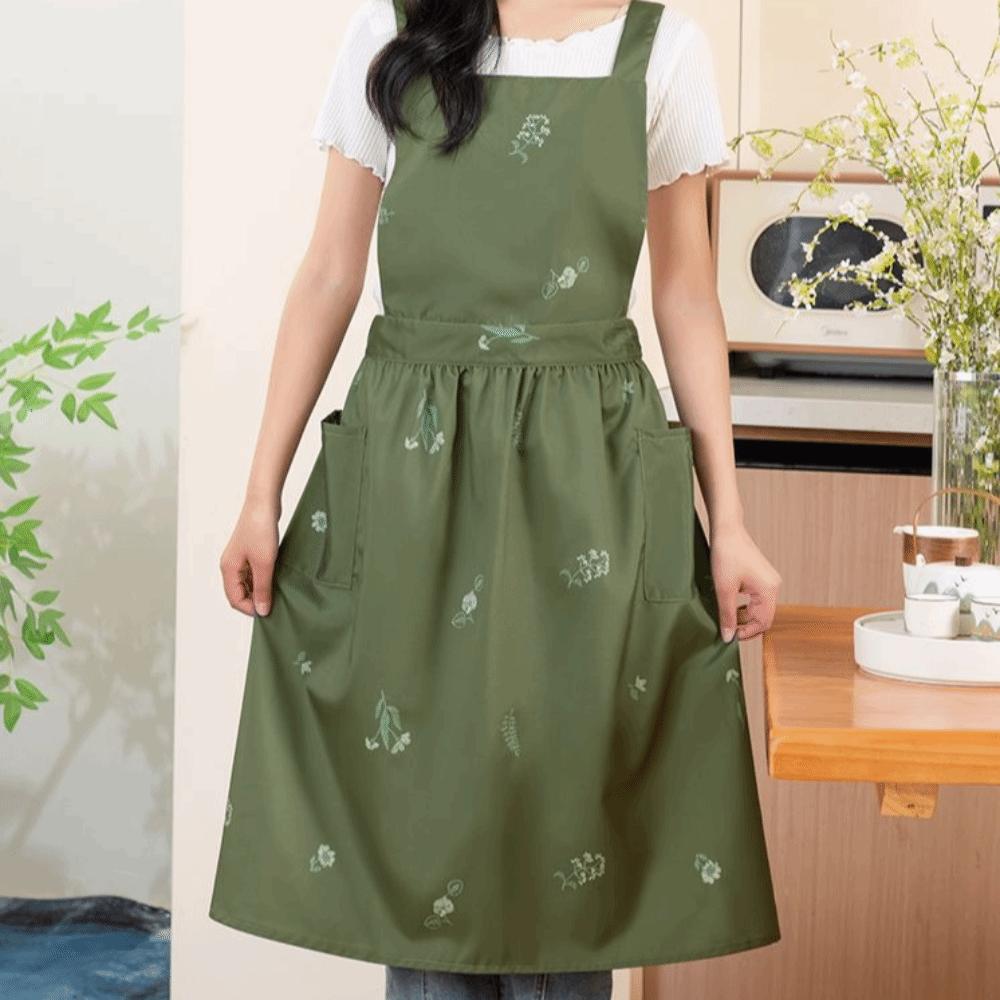 New Embroidery Flower Kitchen Apron Polyester Adjustable Cross-back Apron Oil-proof Pleated Style Dress Apron Cooking Activities