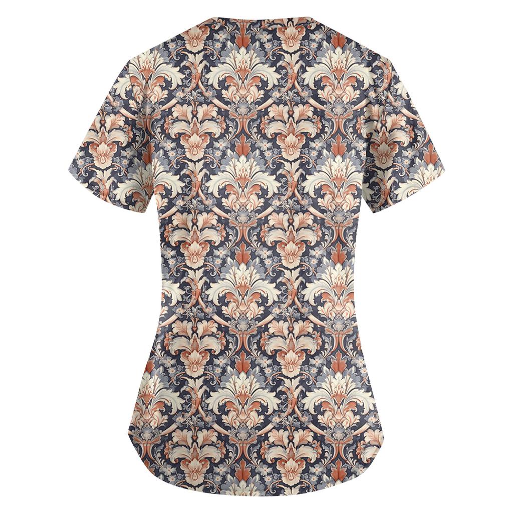 Dam T-shirt med korta ärmar och V-ringning med bohemiskt tryck Lätt mjukt tyg Casual lös passform Topp