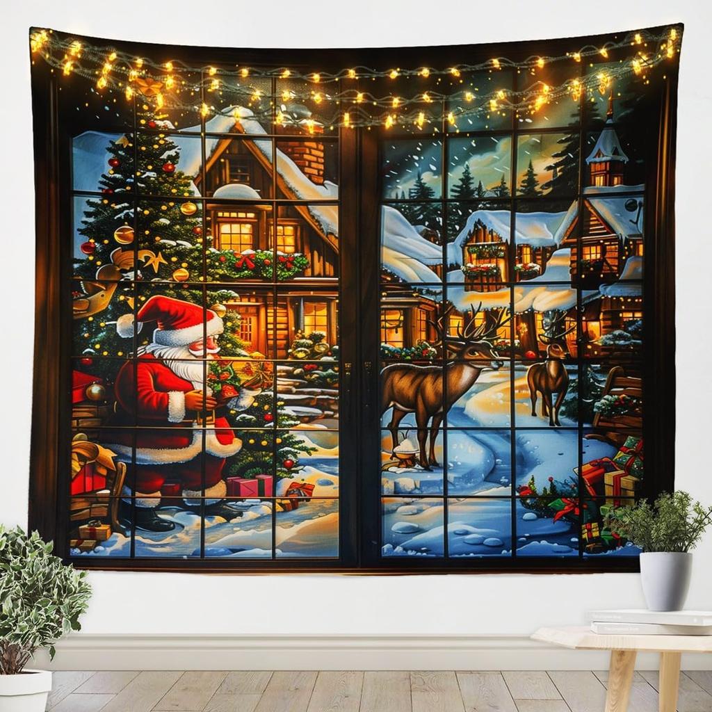 Vintage Merry Christmas Tapestry Santa Claus Tapestry Wall Hanging for Kids Boys Girls Christmas Deer Elk Wall Tapestry Xmas