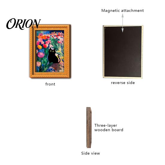 Cat Pattern Magnet Decor Oil Painting Refrigerator Magnet, Wooden Frame Black Decorative Fridge Magnets Theme Retro Rectangle Magnetic Decoration