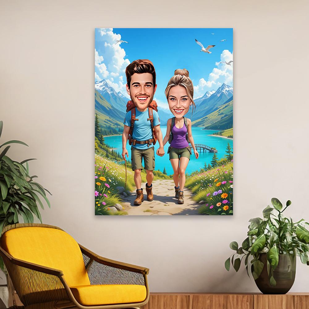 Personalized Couple Hiking Cartoon Poster Hiking Portrait Cartoon Caricature Canvas Painting Lovers Birthday Bedroom Decoration