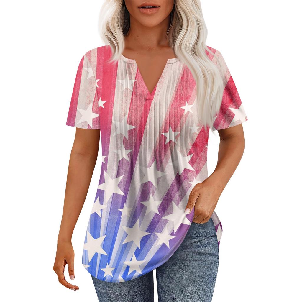 Damenmode Lässig Plissee V-Ausschnitt Kurzarm T-Shirt Tops