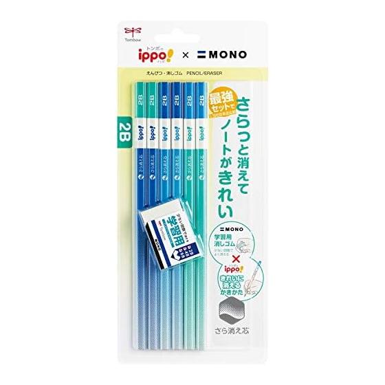 Карандаш Tombow ippo! Чистый ластик-карандаш 2B 6 штук + ластик для обучения Синий PPB-711A