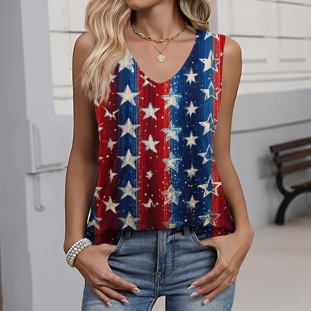 Women's Fashion Casual American Independence Day Flag and Stars Print V-neck Ruffled Sleeveless Vest T-shirt Top