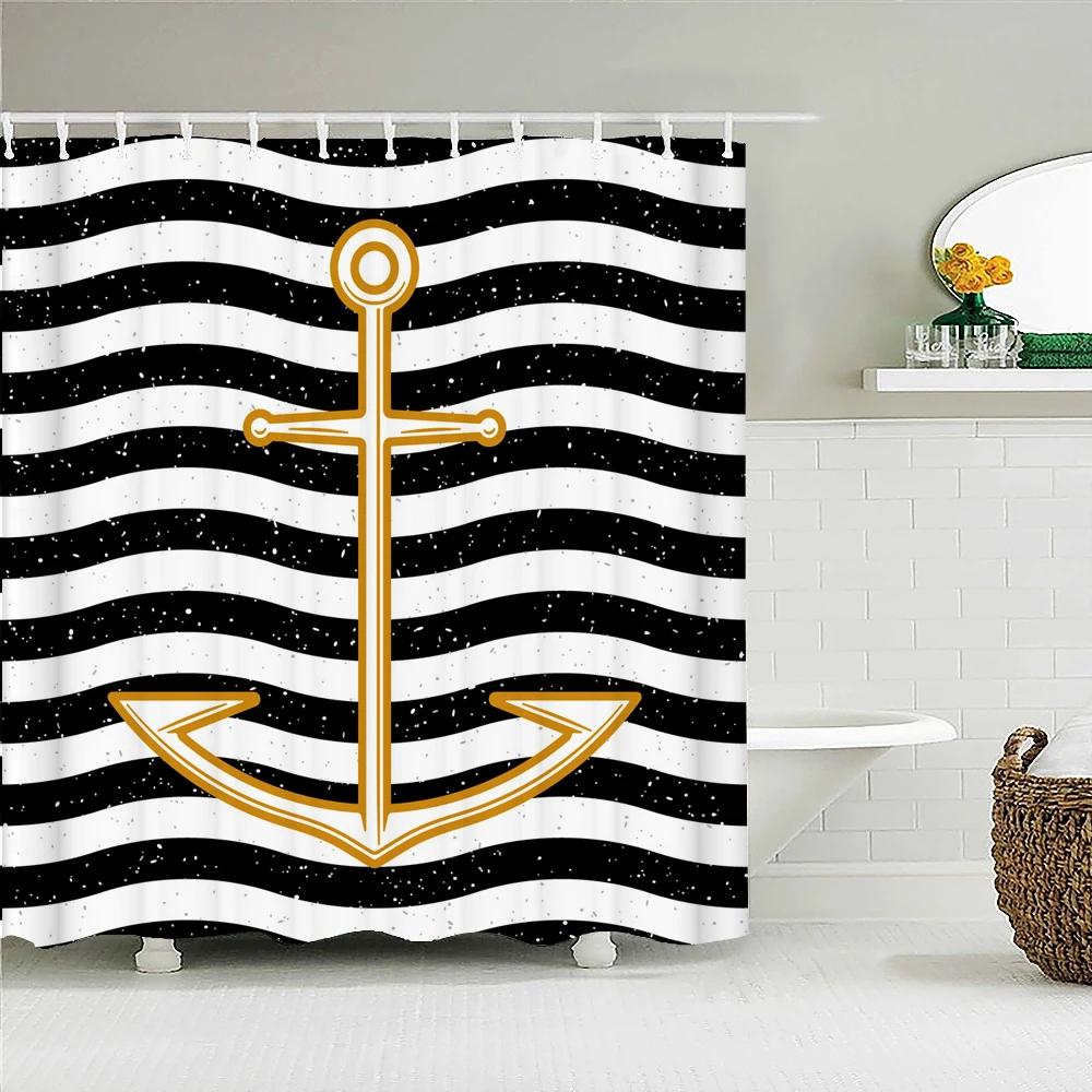 Ocean Sailing Anchor Fabric Shower Curtain Bathroom Curtains Geometry Pattern Waterproof Polyester Bath Screen With 12 Hooks