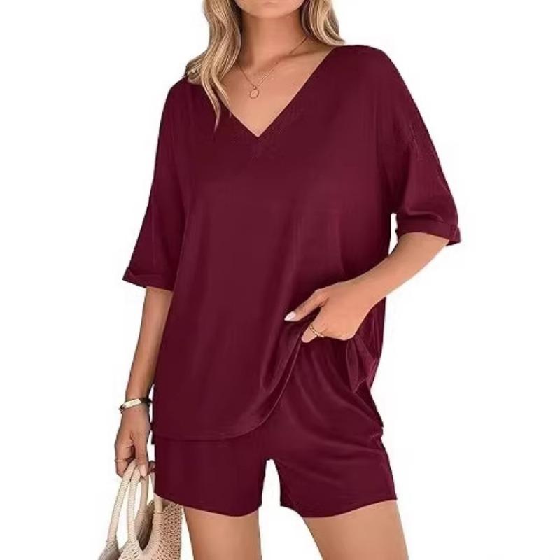 Women S V Neck Short Sleeve Top And Shorts Casual Set