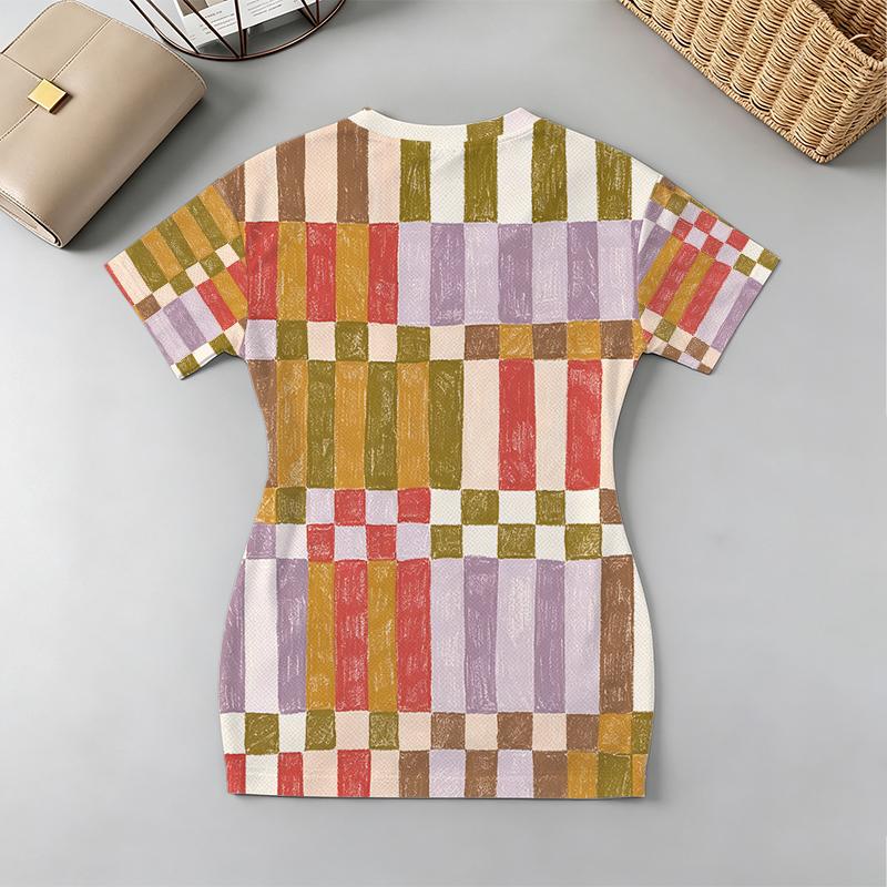 V-Neck Short Sleeve Simple Plaid Dress Fitted, Comfy Chic Summer Women's Dress, Versatile for Casual Outings & Party Wear