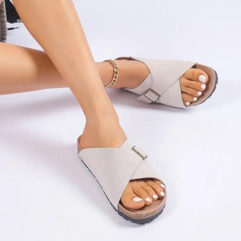 Fashion Women's Shoes 2024 Hot Sale Open Toe Women's Slippers Summer Rome Buckle Solid Flat Casual Beach Comfortable Large Size Slippers