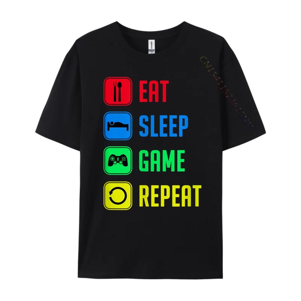 Eat Sleep Game Epeat Blue And White Graphic T Shirts Sale Casual Black Graphic Tees Clothes Korean
