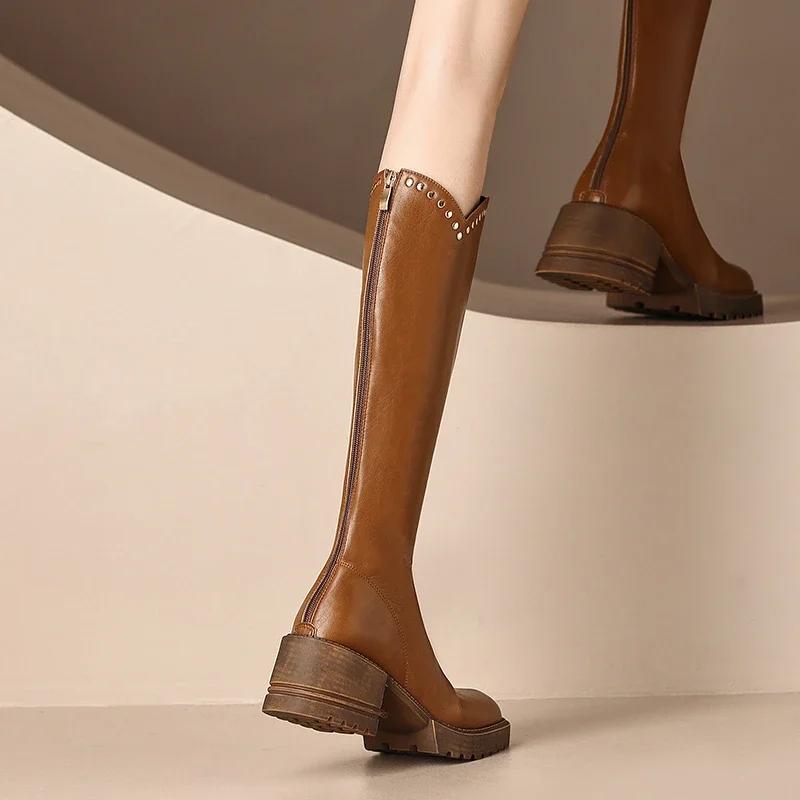 Fashion Women Leather Knee High Riding Boots Round Toe Thick High Heel Zipper Ladies Rivet Long Boot Autumn Winter Shoes
