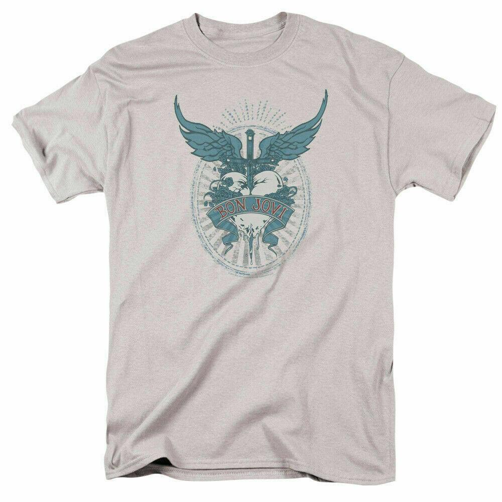 26 Bon Jovi Winged Heart T Shirt Officially Licensed Rock Band Merch Tee Silver Unisex T-Shirt M