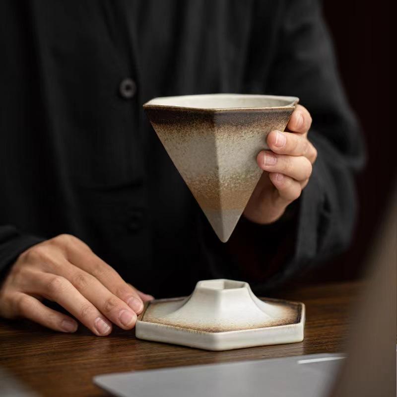 Retro Coffee Cup Creative Hexagonal Cup Light Luxury Coarse Pottery Mug Handmade Cup Nordic Design Cone Cup