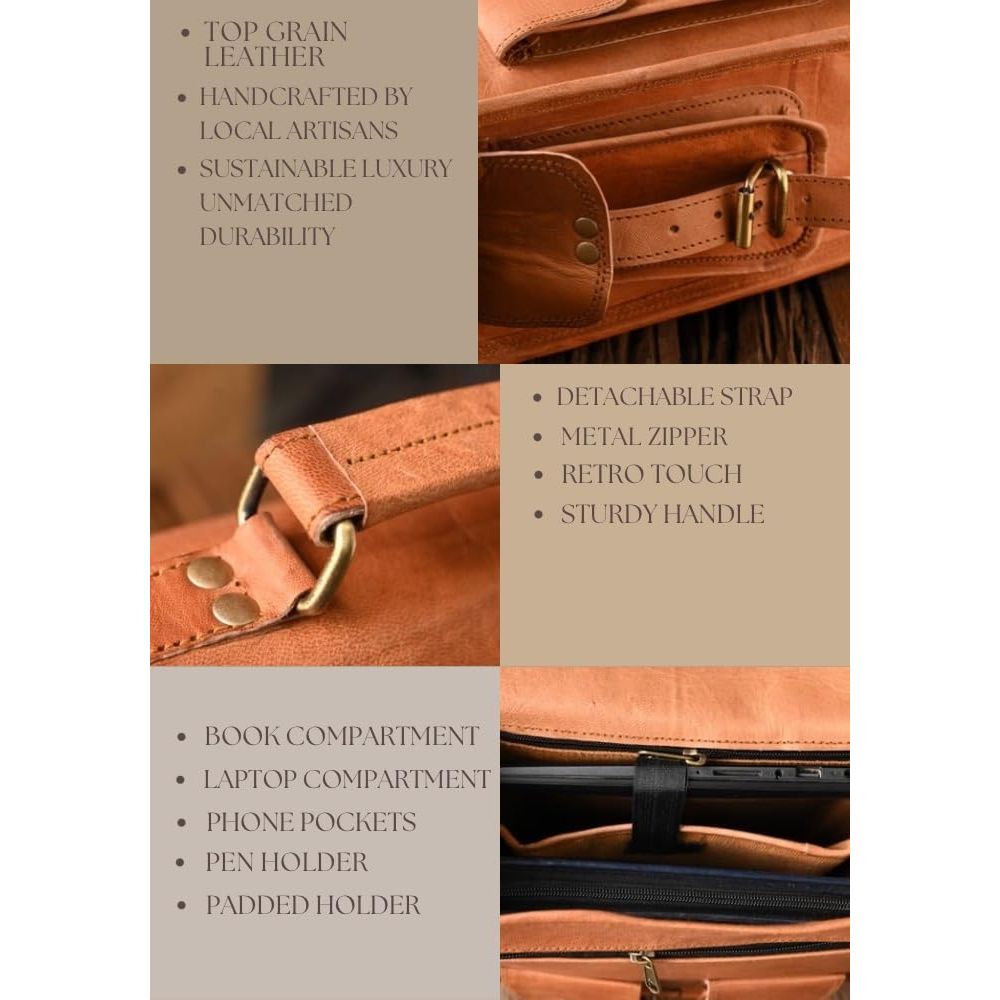 18" leather satchel tablet bag laptop case office briefcase messenger gift for men computer distressed shoulder bag