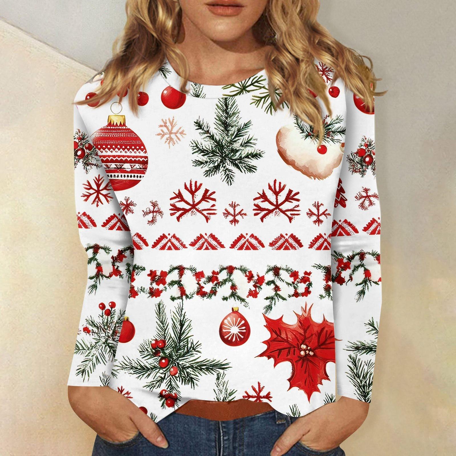 

Женская мода повседневный рождественский принт круглый вырез длинный рукав пуловер топ XL белый