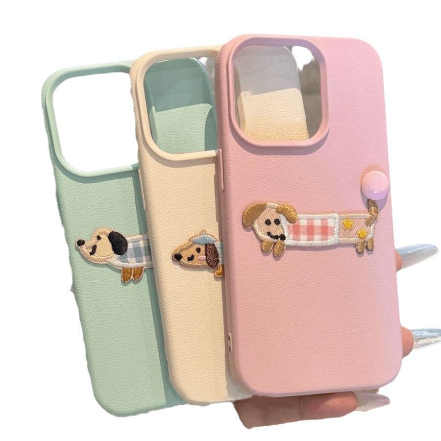 Litchi Pattern Embroidered Dog Case for iPhone 11/12/13/14/15 Pro Max