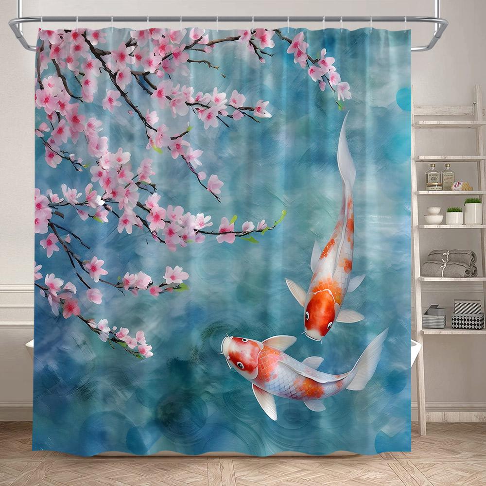 Pink Cherry Blossom Koi Fish Shower Curtains Watercolour Floral Lotus Leaves Carp Japanese Style Bathroom Curtain Set Home Decor