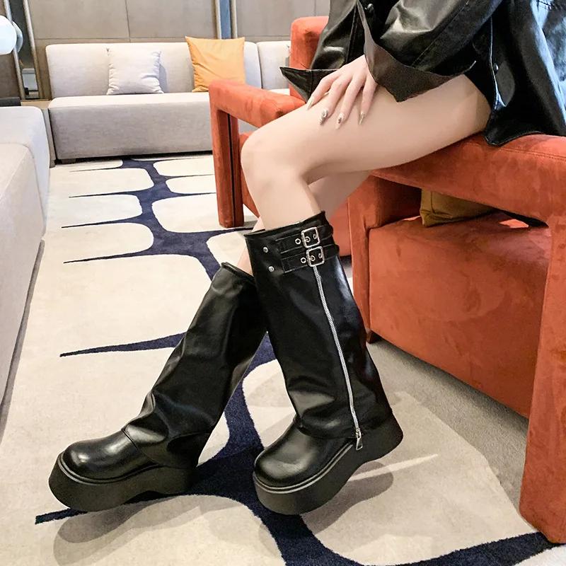 Soft Leather Ankle Mid Calf Boots Winter Autumn High Platform Wedge British Booties Woman New Ladies Chunky Motorcycle Boots 9CM