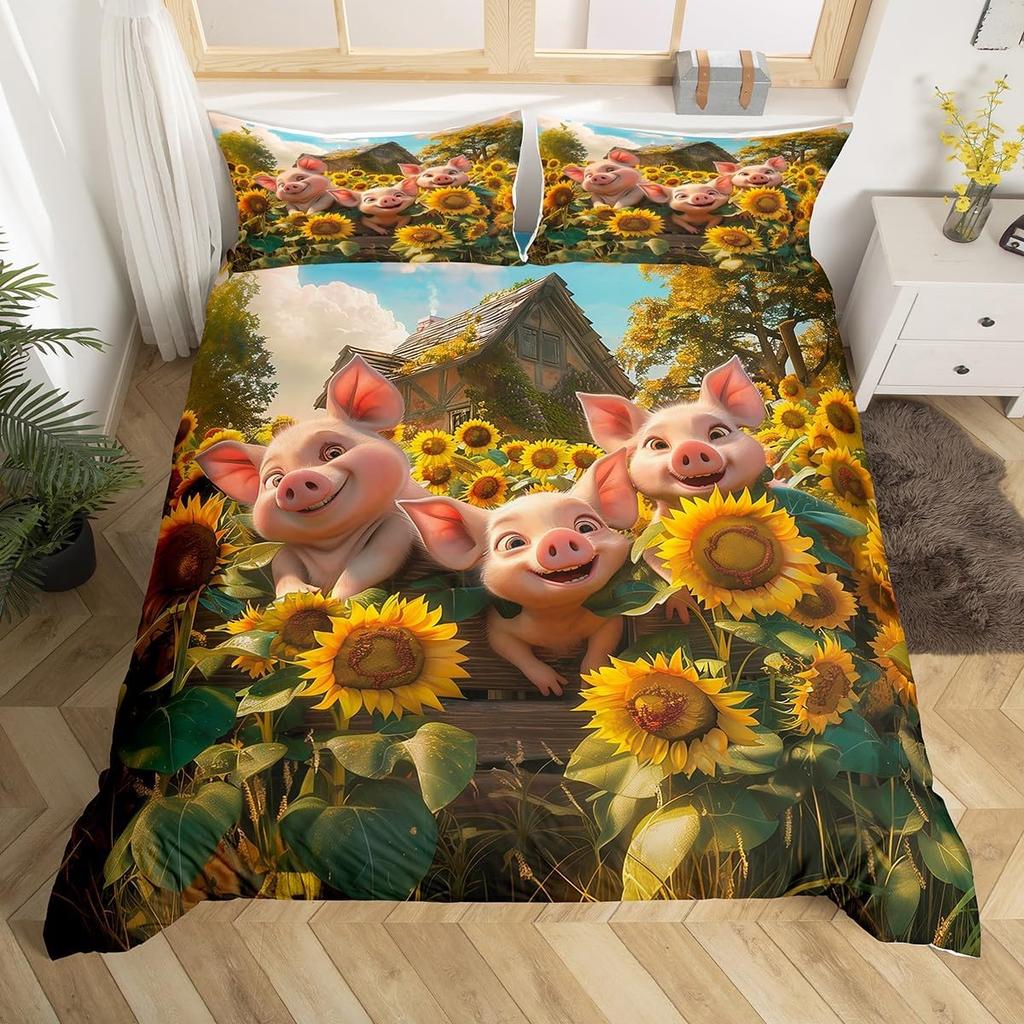Adorable Lovely Couple Pig Soft Duvet Cover Twin King, Roses Daisy Floral Valentine's Romantic Beding Set,Carton Animal Rustic Warm Comforter Cover