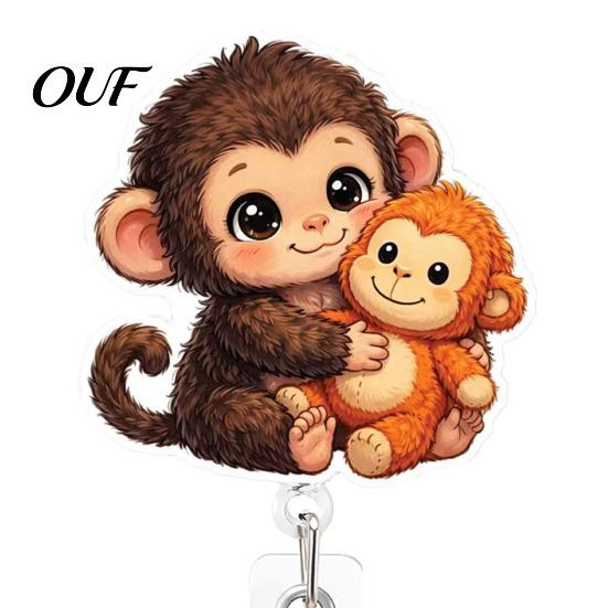 Acrylic Badge Clip for Nurses Retractable Holder, Cute Monkey Pattern Print 360 Degree Rotating Telescopic Reel Teachers Clip, Easy-pull Office Staff
