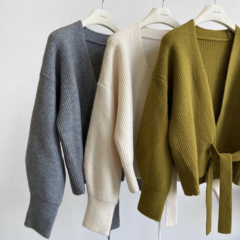 Advanced Sweater Knitwear Women Knitted Cardigan Fall Winter Tie V-neck Sweet Short Long-sleeved Knitted Tops