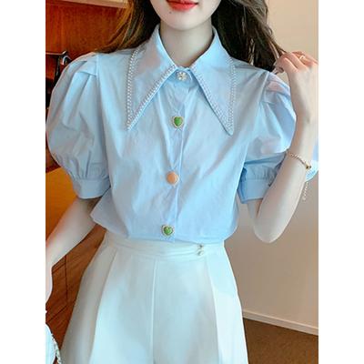Blusenshirt mit Puffärmeln und Spitzkragen für Damen, Sommer-Chic-Strickjacke, Bluse mit farbigen Knöpfen, Stilvolle Damen mit Temperament, Blusen