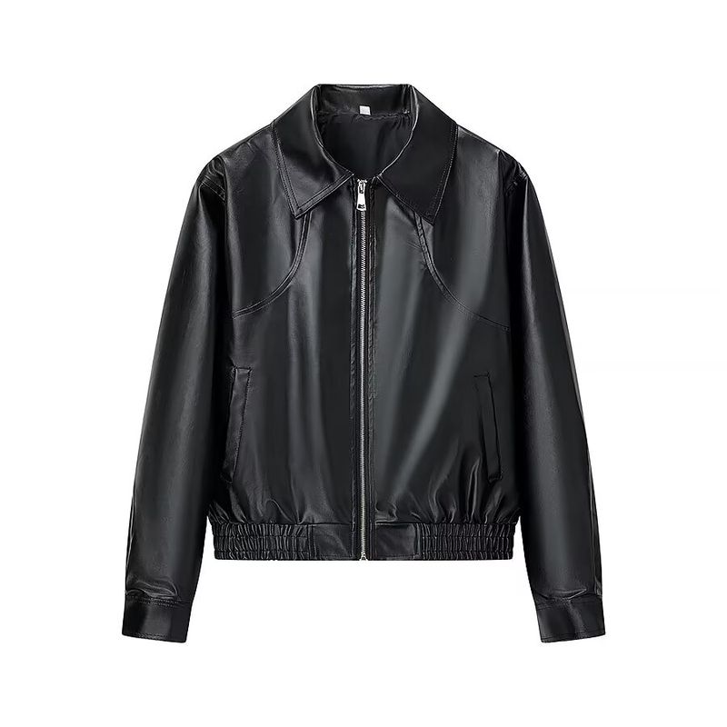 Mannie Style American Retro Minimalist Trendy Cool Lapel Zipper Wine Red Leather Coat Jacket Short Outwear Women