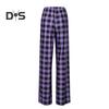 Women Pants High Elastic Waist Drawstring Wide Leg Loose Contrast Color Plaid Print Casual Soft Breathable Pockets Full Length Lady Long Trousers