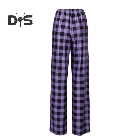 Women Pants High Elastic Waist Drawstring Wide Leg Loose Contrast Color Plaid Print Casual Soft Breathable Pockets Full Length Lady Long Trousers