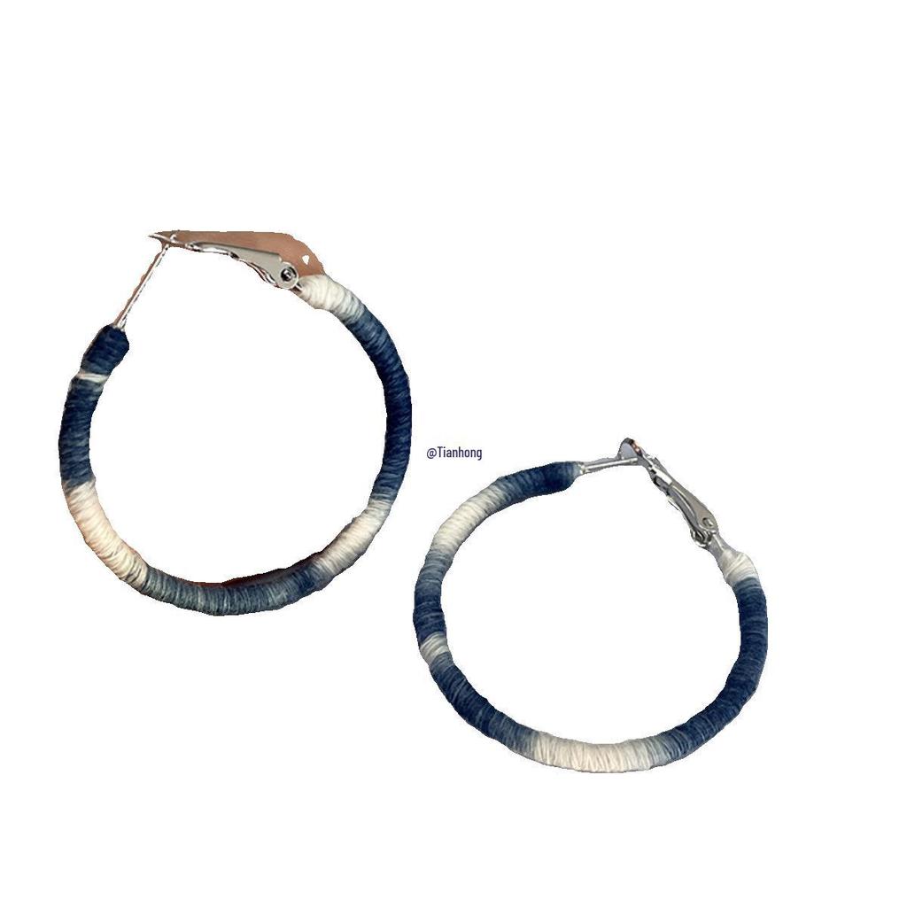 Verlaufend Blaue Handgefertigte Baumwollfaden-Ohrringe - Vintage Minimalistisch Chinesische Hänge-Creolen für Frauen
