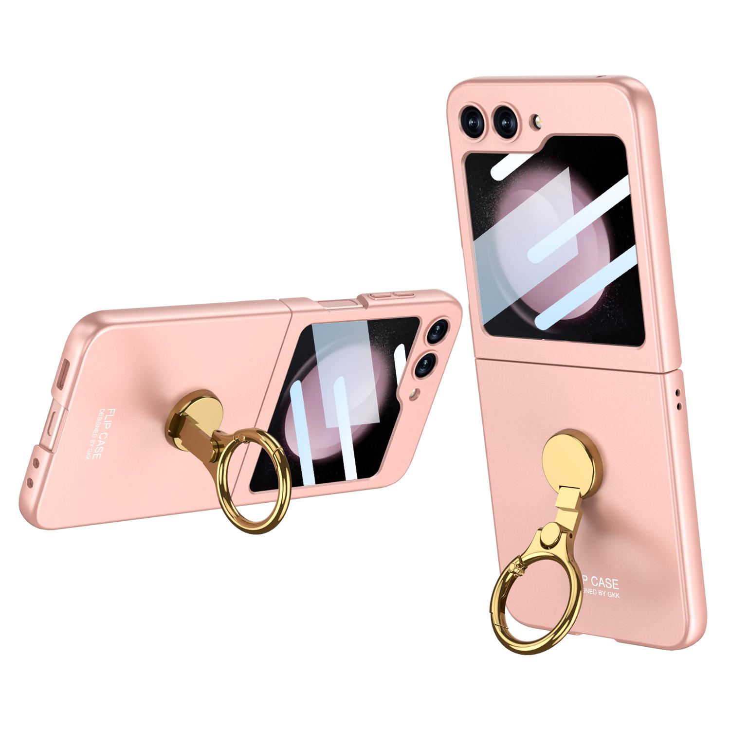 

Ультратонкий жесткий противоударный чехол для телефона Samsung Galaxy Z Flip 5 с защитным кольцом для экрана и держателем-кронштейном For Galaxy Z Flip 5 розовый