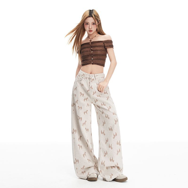 Spring Summer Small Horse Embroidery High Waist Slim Loose Wide Leg Trendy Denim Long Trousers Female Casual Pants Oversize Denim Trousers