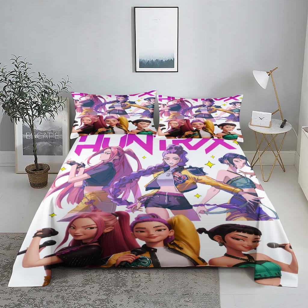 Golden Demon Hunters K-pop Bed Sheet Set 3D Printed Bed Flat Sheet With Pillowcase Bed Linen King Queen Size