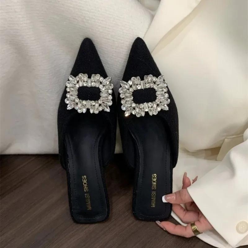 Женская обувь с закрытым носком женские тапочки модные туфли женские сандалии с острым носком и квадратными пуговицами на низком каблуке 40 2730₽