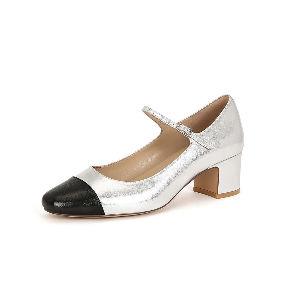 Grape mother Xiaoxiangfeng French high heels color matching patent leather soft sole medium heel thick heel shoes Mary Jane shoes women