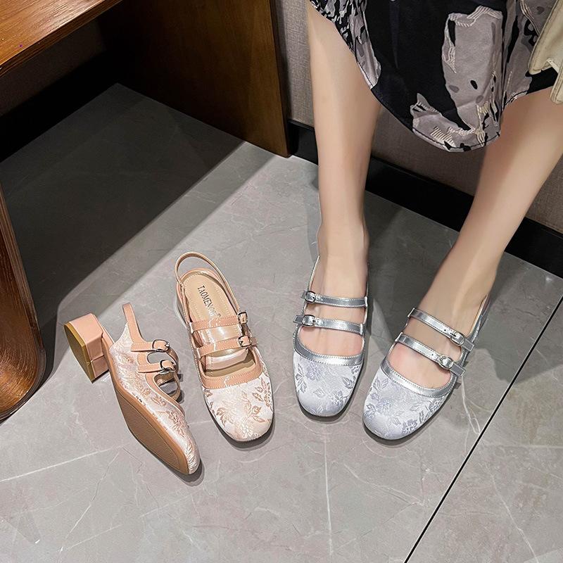 Fashion embroider silk gladiator sandals women square toe double belt summer shoes woman med-high heels sandalias mujer big size 43