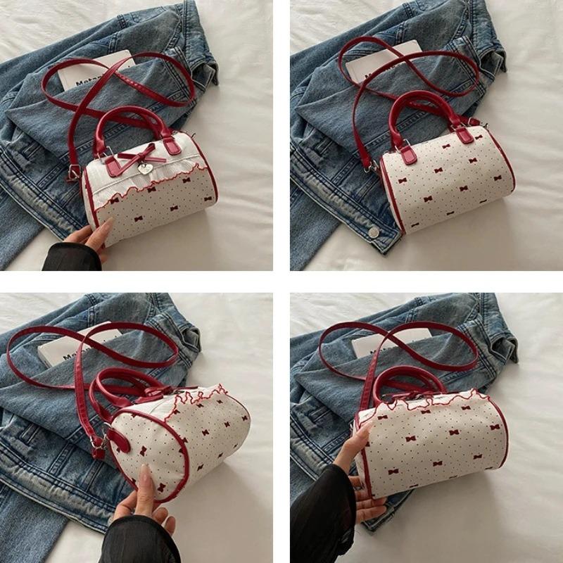 Cute Bow Polka Dot Lace Shoulder Bags for Women Sweet Patchwork Design Girls Crossbody Bag Outing Portable Ladies Pillow Handbag