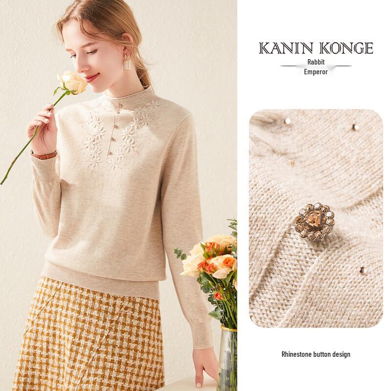 TUHUANG Damen Pullover aus reiner Wolle mit Stickerei und halbem Rollkragen