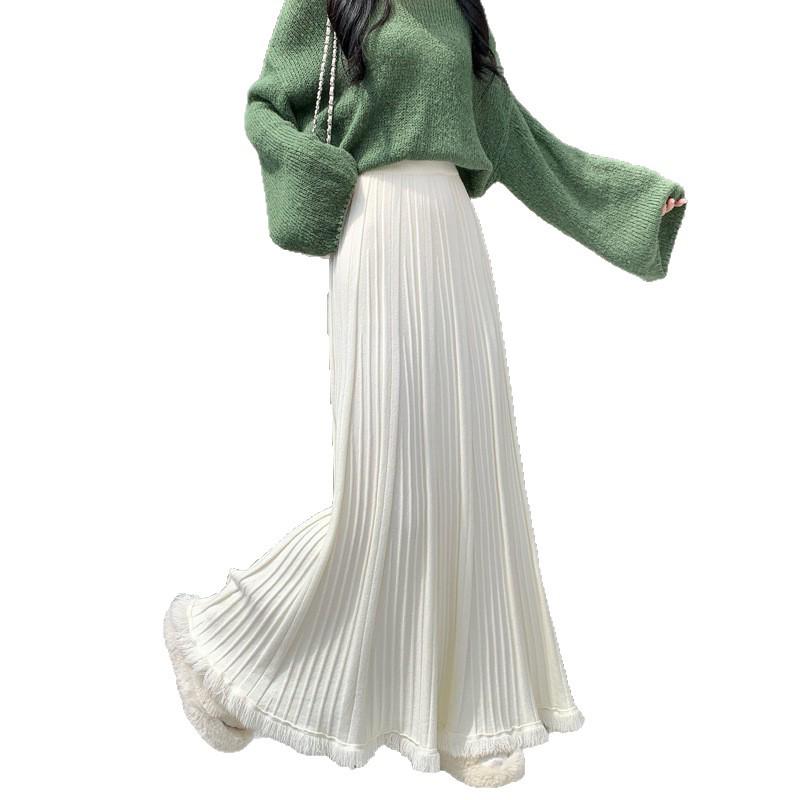 Autumn & Winter Women's Knit Pleated Midi Skirt: Slimming, A-Line, Tassel, Hip-Covering, Big Swing Design