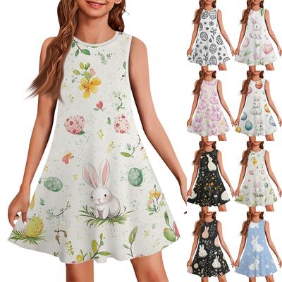 Girls Fashion Casual Sleeveless Round Neck Easter Printed Dress