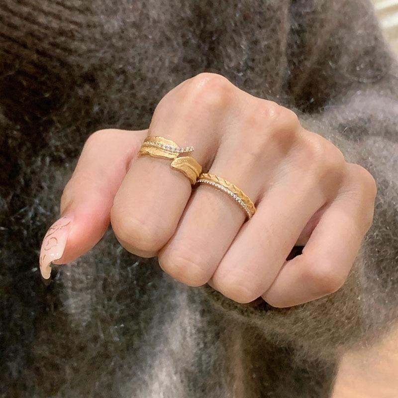 Zircon leaves asymmetrical pattern open ring women's niche design high-end index finger ring fashion light luxury jewelry