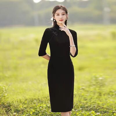 Verbessertes Cheongsam-Kleid Schwarzes Temperament Langärmliges Cheongsam