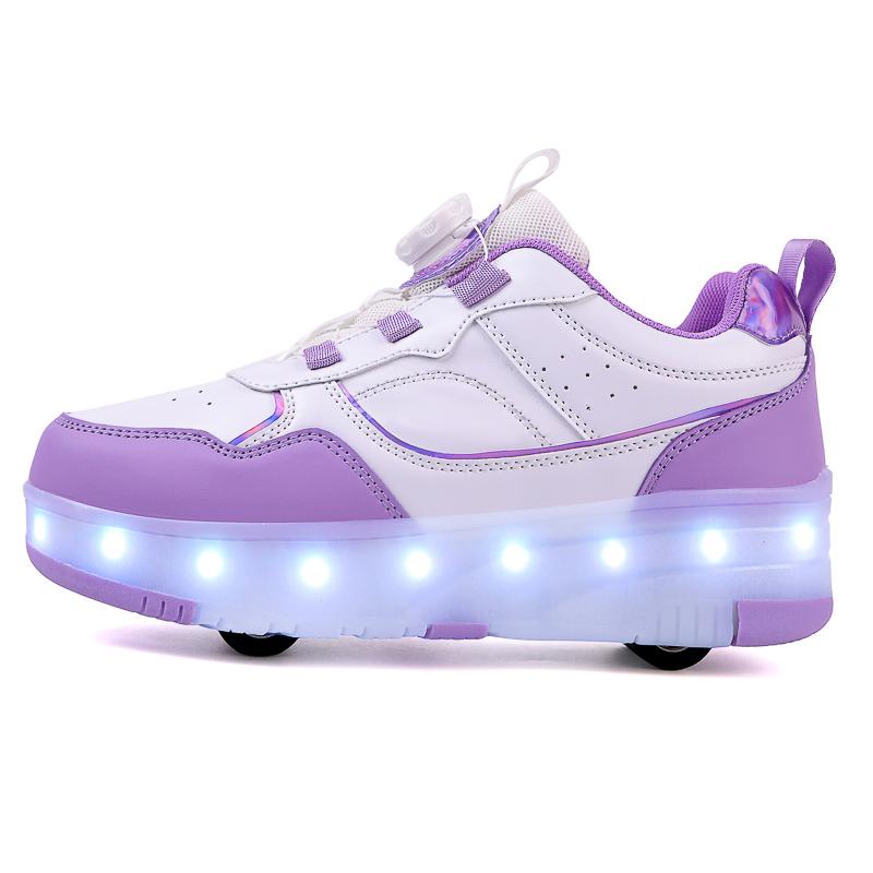 Kid's Rotating Button Wear Quick Four Wheel Running Shoes with Wheels Sports Shoes USB Charging LED Light Sports Shoes Girls Roller Skates