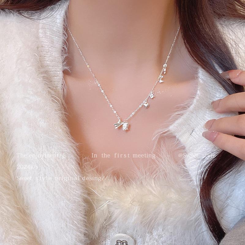 Silver Love Bow Titanium Steel Necklace Women's Niche Sweater Chain Autumn and Winter Temperament