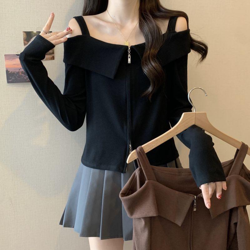 

Plus Size Off-Shoulder Knit Double Zipper Long-Sleeve T-Shirt M кофейный